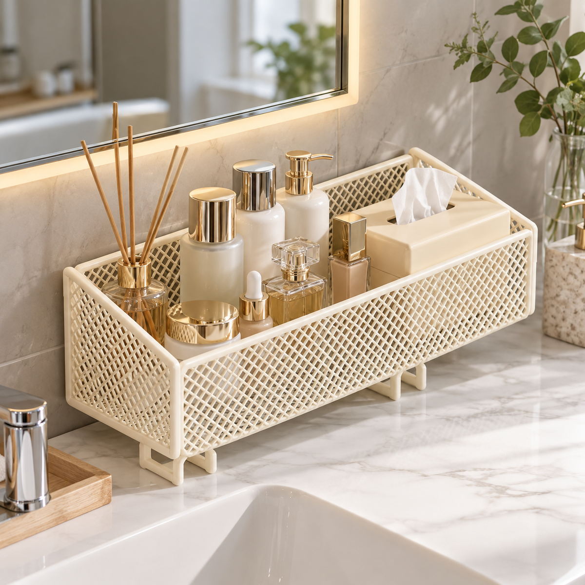 🧴 Bathroom Organizer | Metal Mesh | Vanity | Homeowners | Elevated Storage