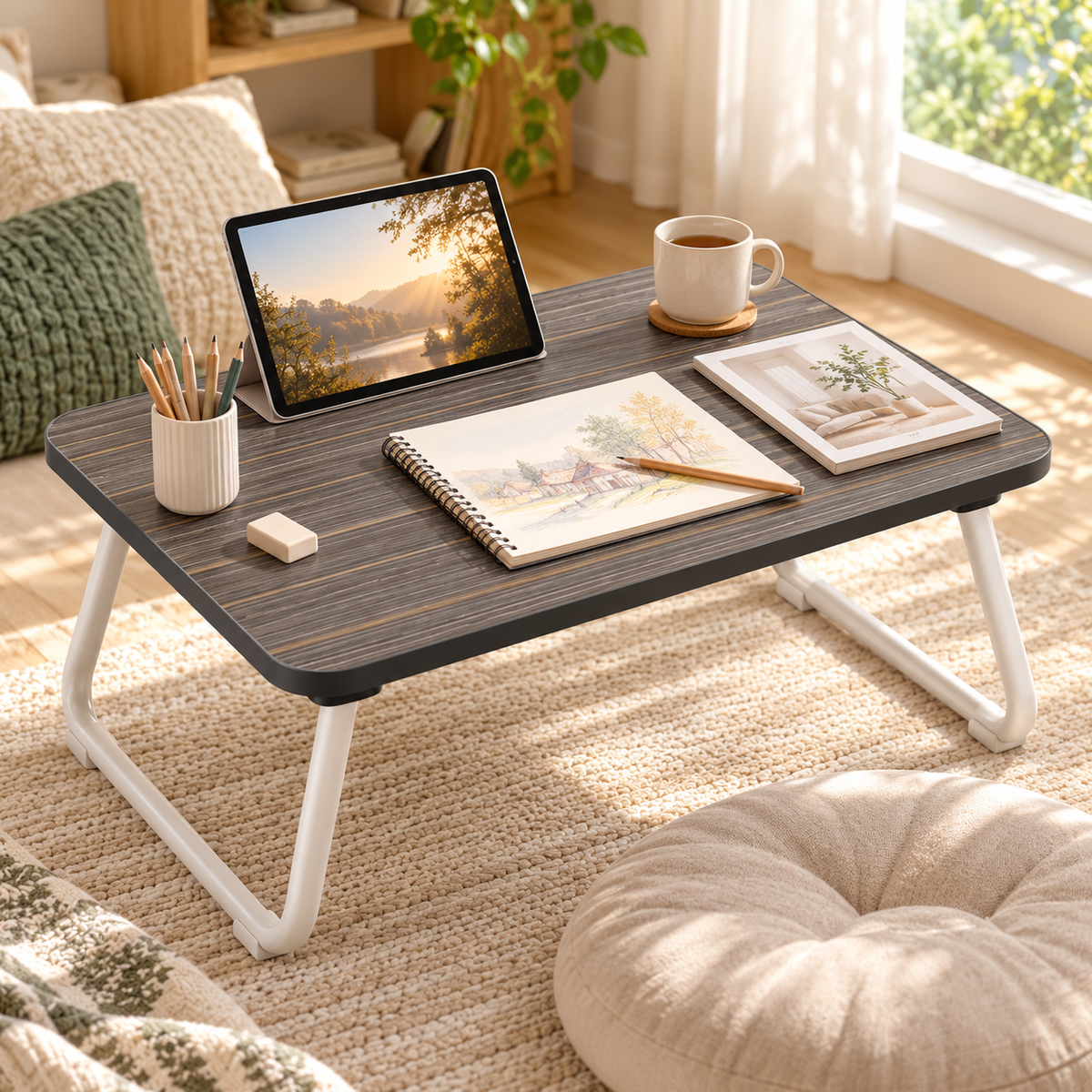 🛏️ Folding Table | Wood-Look Metal | Bedroom | Homeowners | Compact Design