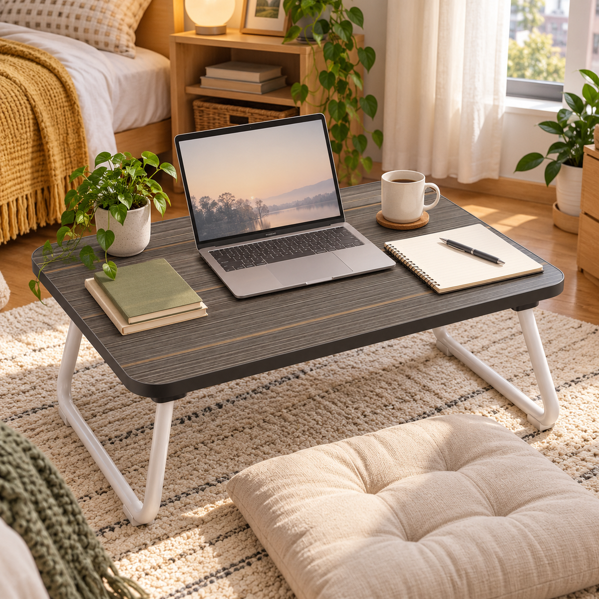 🛏️ Folding Table | Wood-Look Metal | Bedroom | Homeowners | Compact Design