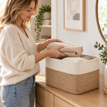 🧺 Storage Basket | Cotton Rope | Closet | Homeowners | Two-Tone Weave
