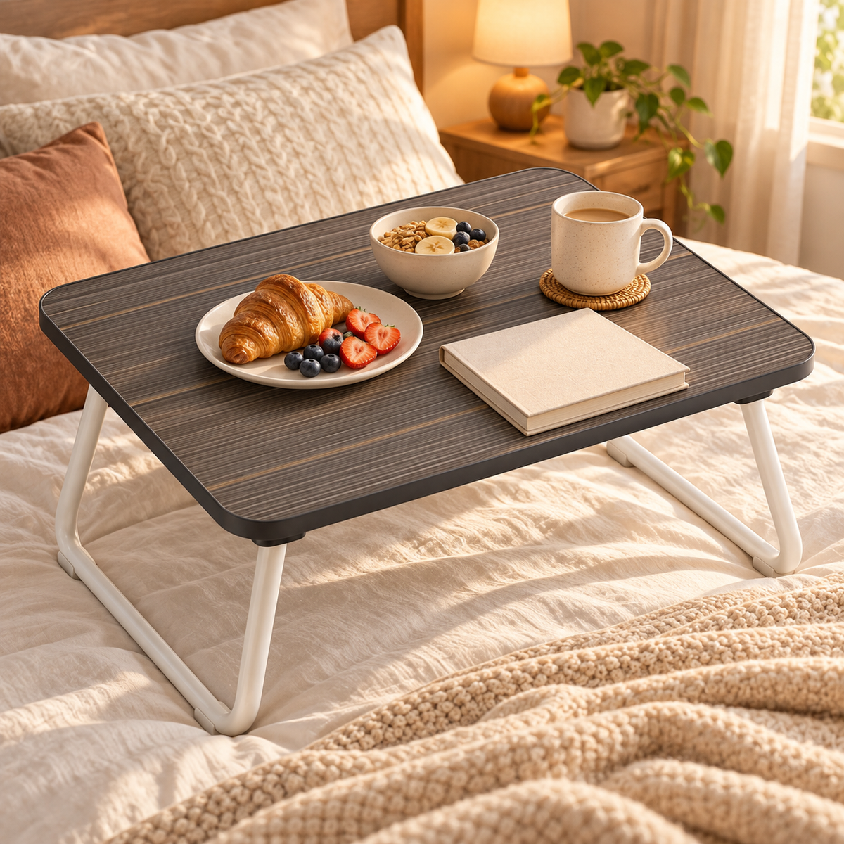 🛏️ Folding Table | Wood-Look Metal | Bedroom | Homeowners | Compact Design