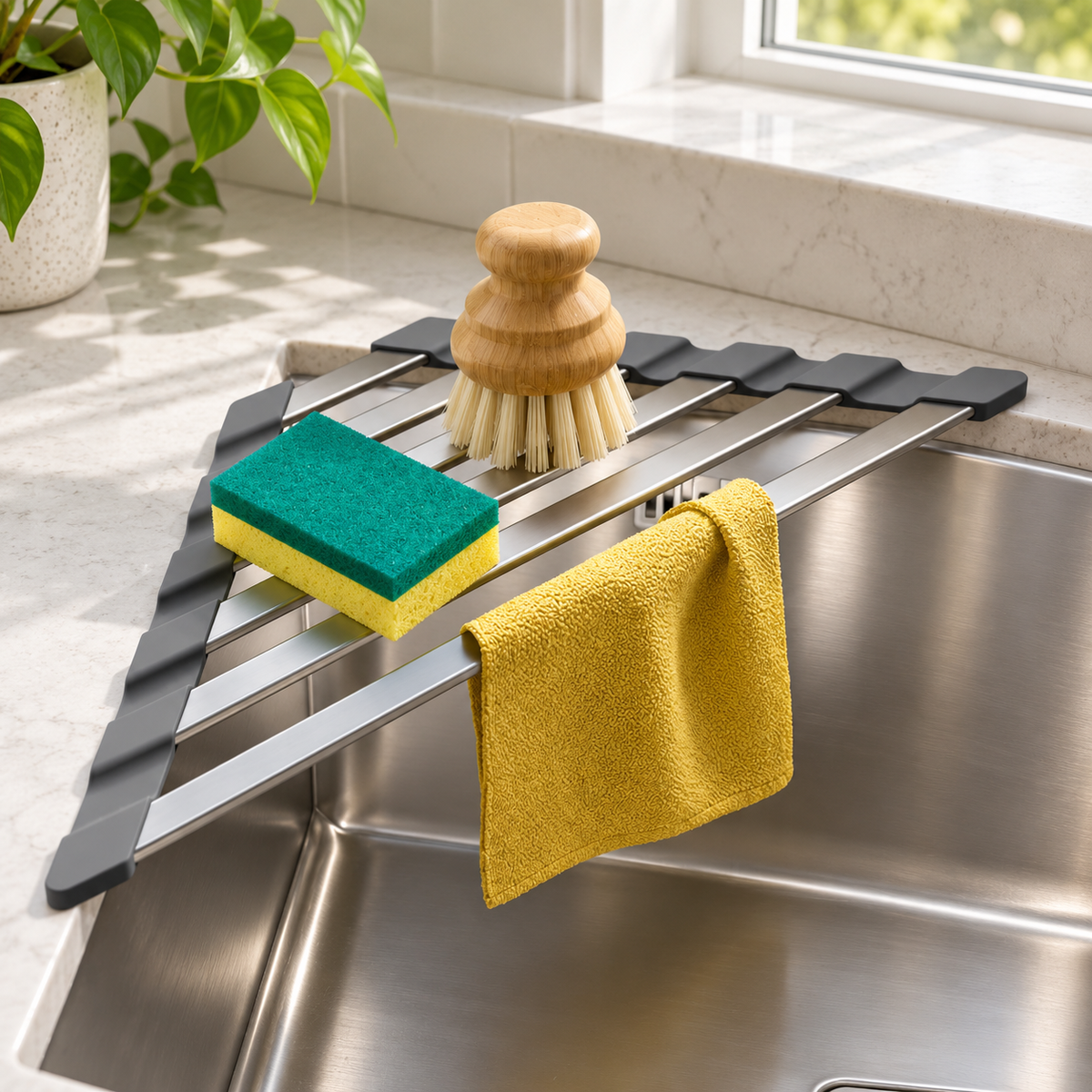 🧼 Space-Saving | Stainless Steel | Sink Corner | Home Cooks | Roll-Up Drying